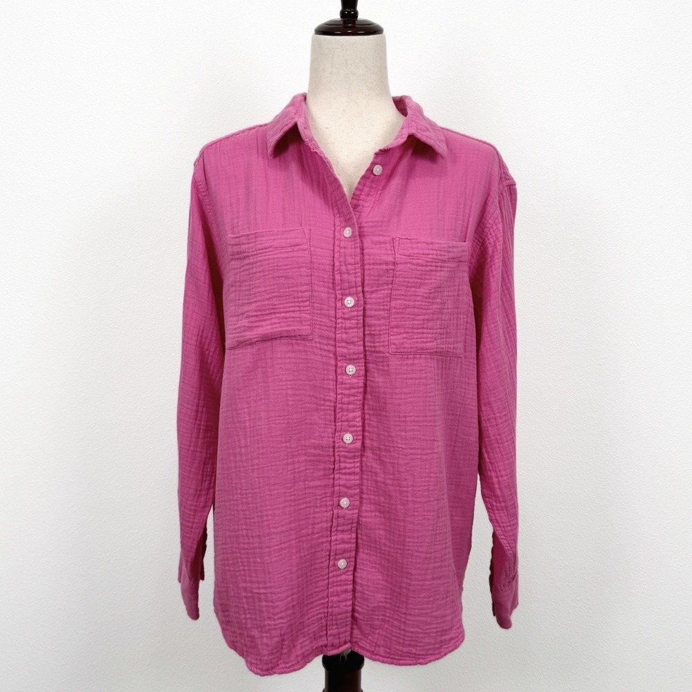 GAP Top Womens L* Pink Button Up Gauzy 100% Cotton Oversized Breathable Bohemian